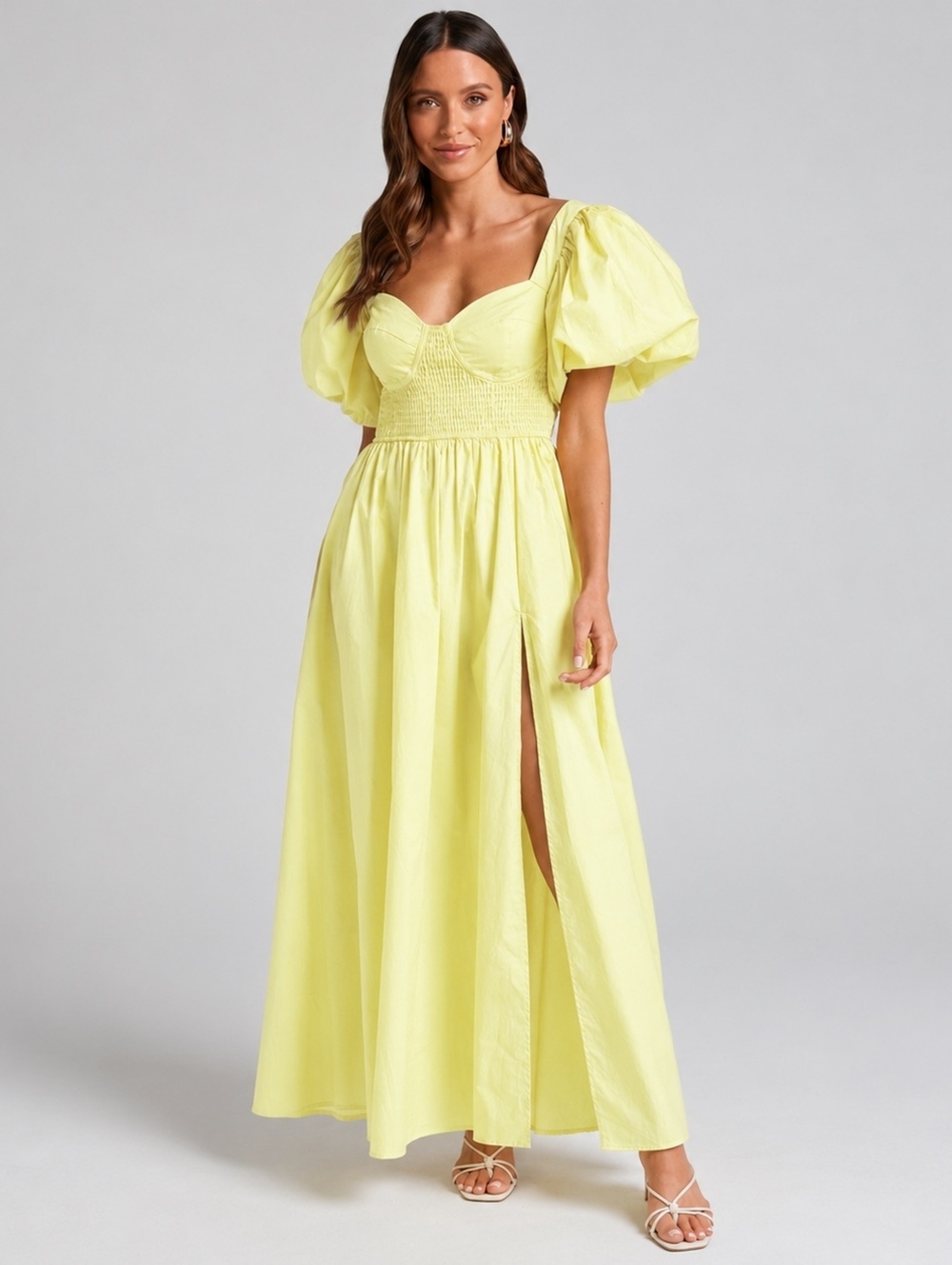 Showpo Raiza Midi Dress Lemon Yellow Puff Sleeve Shirred Cotton Dress Size 6